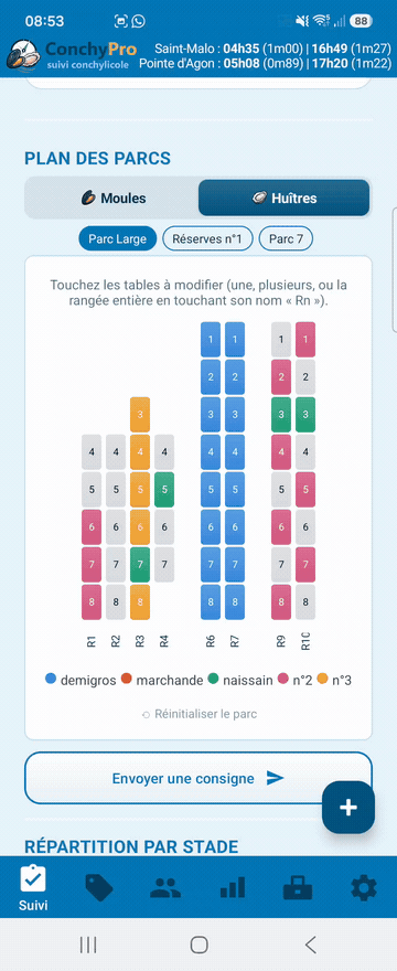 Envoi d'une consigne à l'équipe, plan du parc en couleur