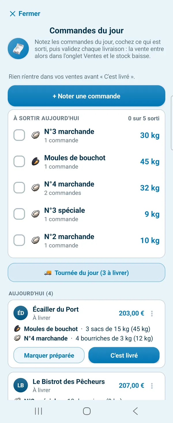 Commandes du jour : ce qu'il faut sortir aujourd'hui, coché au fur et à mesure, puis chaque commande à préparer et à valider