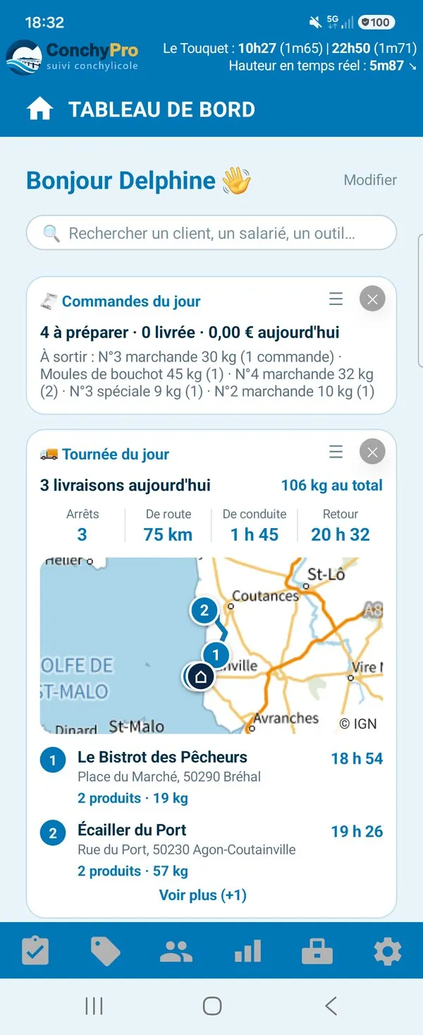 « Bonjour Delphine » : les commandes du jour à préparer, puis la tournée du jour avec sa carte, ses arrêts et l'heure d'arrivée chez chaque client