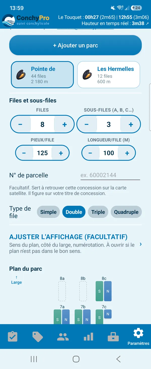 L'éditeur d'un parc à moules : nombre de files et de sous-files, pieux et longueur par file, files simples à quadruples, et le sens d'affichage côté large