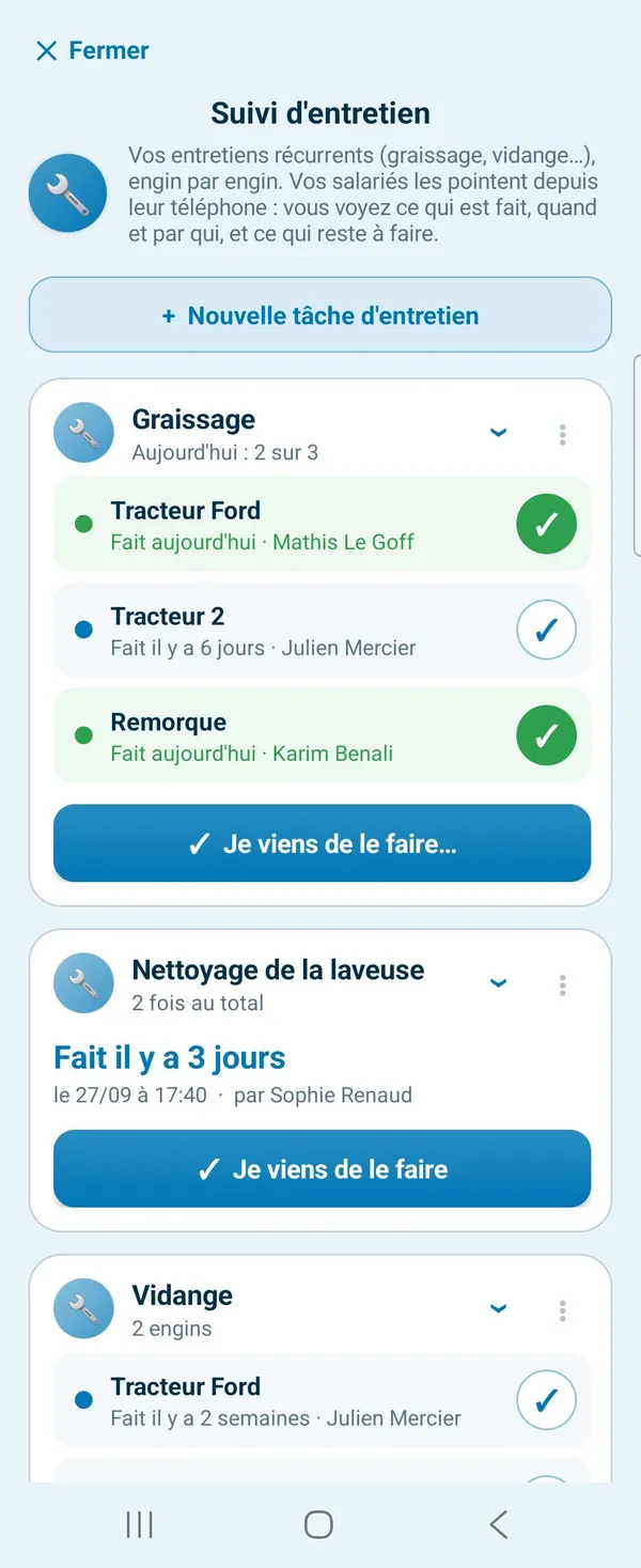 Suivi d'entretien : le graissage du Tracteur Ford et de la remorque fait aujourd'hui, celui du Tracteur 2 il y a 6 jours ; le nettoyage de la laveuse fait il y a 3 jours