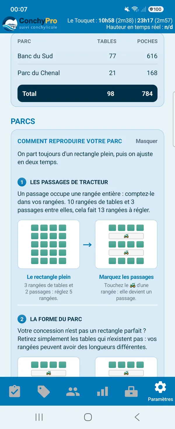 Encadré « Comment reproduire votre parc » dans Paramètres, côté huîtres : on part d'un rectangle plein de tables, on marque les passages de tracteur avec l'icône du tracteur, puis on retire les tables qui n'existent pas.