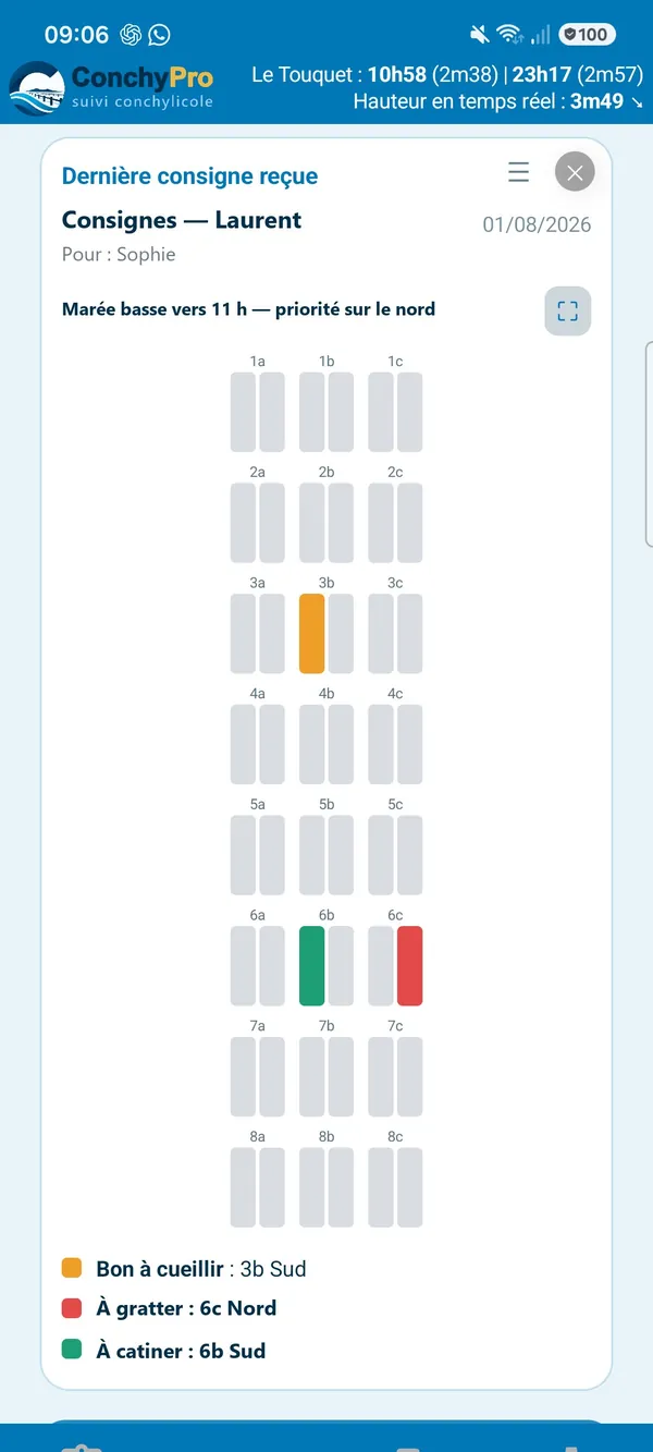 Téléphone du salarié : dernière consigne reçue, plan du parc à moules avec trois files colorées, et la légende « Bon à cueillir : 3b Sud », « À gratter : 6c Nord », « À catiner : 6b Sud ».