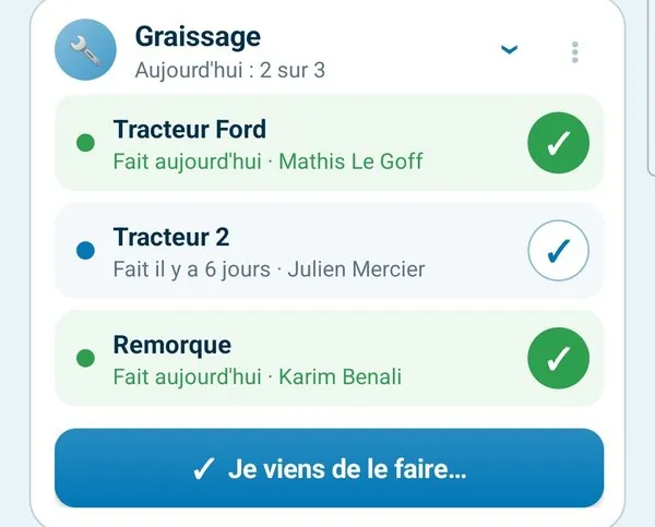Suivi d'entretien : le graissage, deux engins sur trois faits aujourd'hui (Tracteur Ford par Mathis Le Goff, Remorque par Karim Benali), le Tracteur 2 il y a 6 jours par Julien Mercier, et le bouton « Je viens de le faire… ».