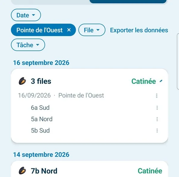 Journal des actions en vue cartes : filtré sur le parc Pointe de l'Ouest, les journées avec leurs files et la tâche (Catinée, Récoltée), et le lien Exporter les données.