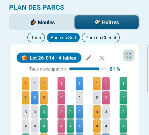 En tête du plan des parcs à huîtres : la pastille « Lot 26-014 · 4 tables », son crayon et sa croix, au-dessus du plan du Banc du Sud.