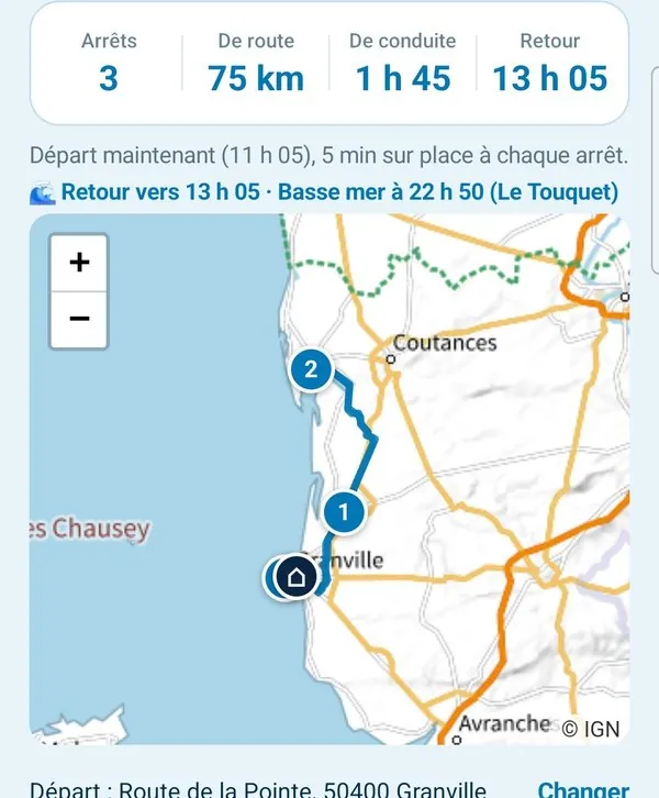 Tournée du jour : arrêts, kilomètres, temps de conduite et heure de retour, la carte du trajet, le départ et les premiers clients avec leur heure d'arrivée.