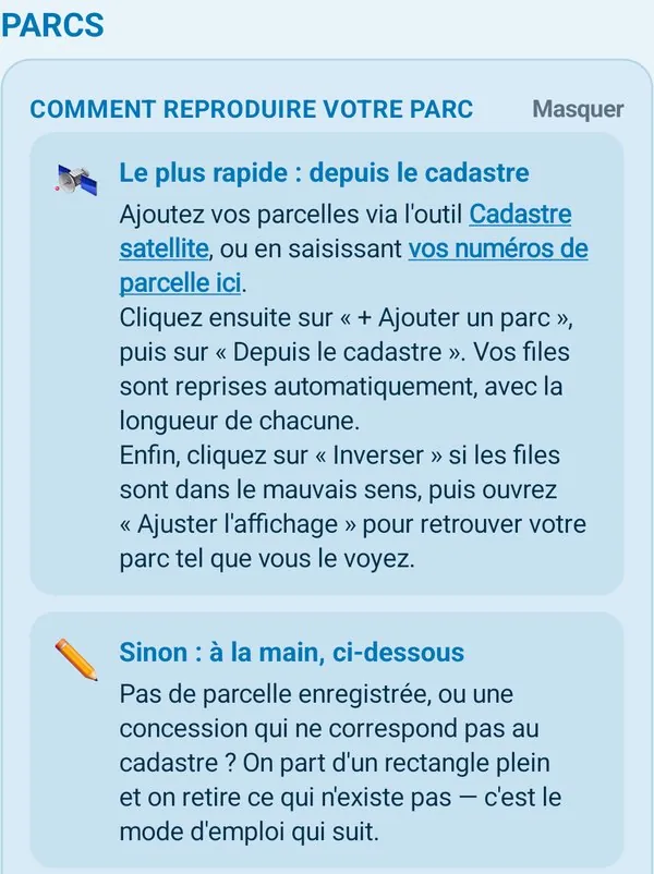 Paramètres, tuile Parc côté moules : l'encadré « Le plus rapide : depuis le cadastre », avec les liens « Cadastre satellite » et « vos numéros de parcelle ici », puis « Sinon : à la main, ci-dessous ».