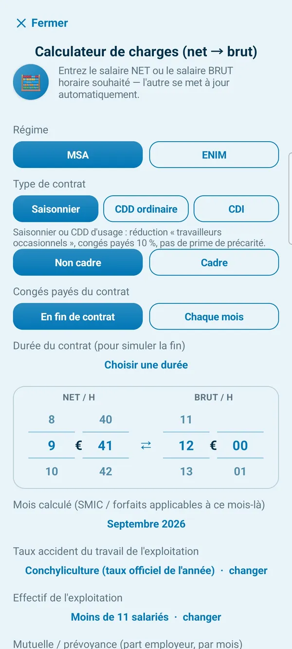 Calculateur de charges : régime MSA ou ENIM, type de contrat (Saisonnier, CDD ordinaire, CDI), non cadre ou cadre, congés payés en fin de contrat ou chaque mois, puis le salaire net et le salaire brut de l'heure côte à côte.