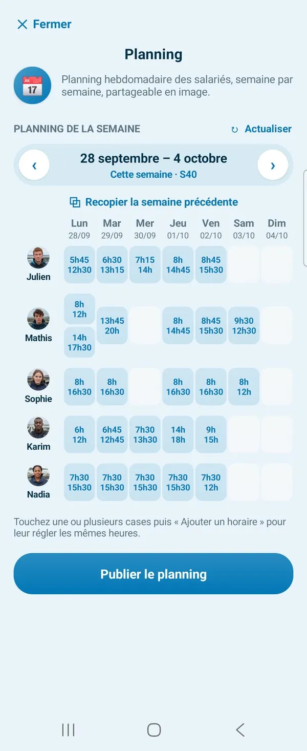 Le planning de la semaine : une ligne par salarié, une case par jour avec ses horaires ; le lundi de Mathis est une journée coupée, 8 h – 12 h puis 14 h – 17 h 30, en deux pastilles.