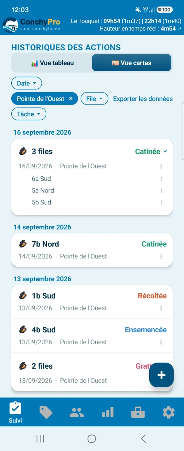 Historique des actions dans ConchyPro : filtré sur un parc, une journée dépliée file par file, et le lien Exporter les données