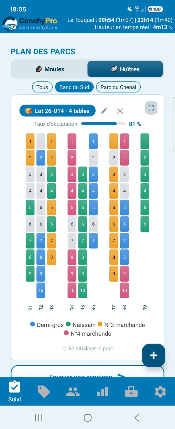 Plan du parc Banc du Sud : en tête, la pastille du Lot 26-014, 4 tables sorties qui attendent d'être reposées