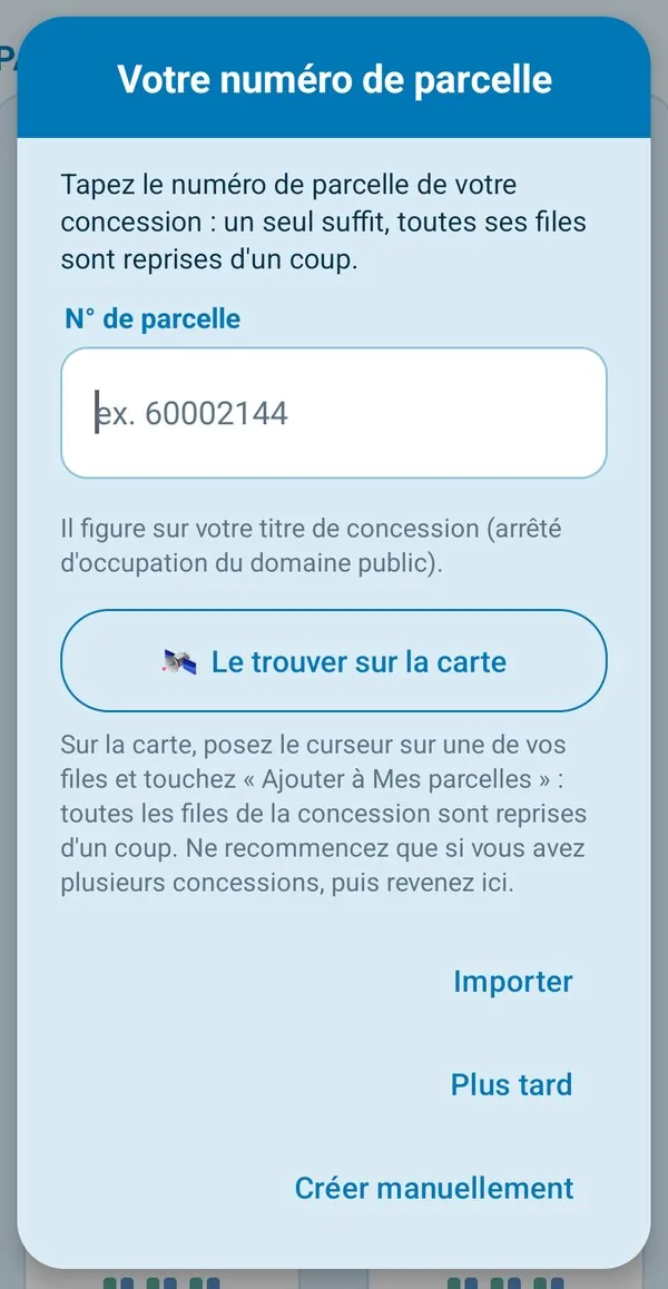 Paramètres, tuile Parc côté moules : « Le plus rapide : depuis le cadastre », avec la saisie du numéro de parcelle