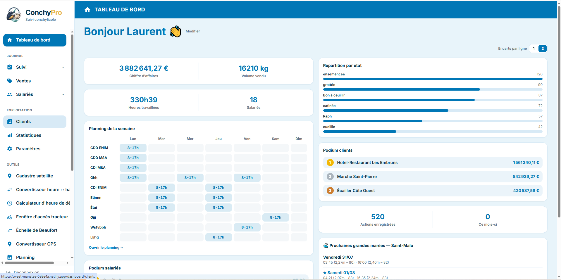 Tableau de bord ConchyPro sur ordinateur