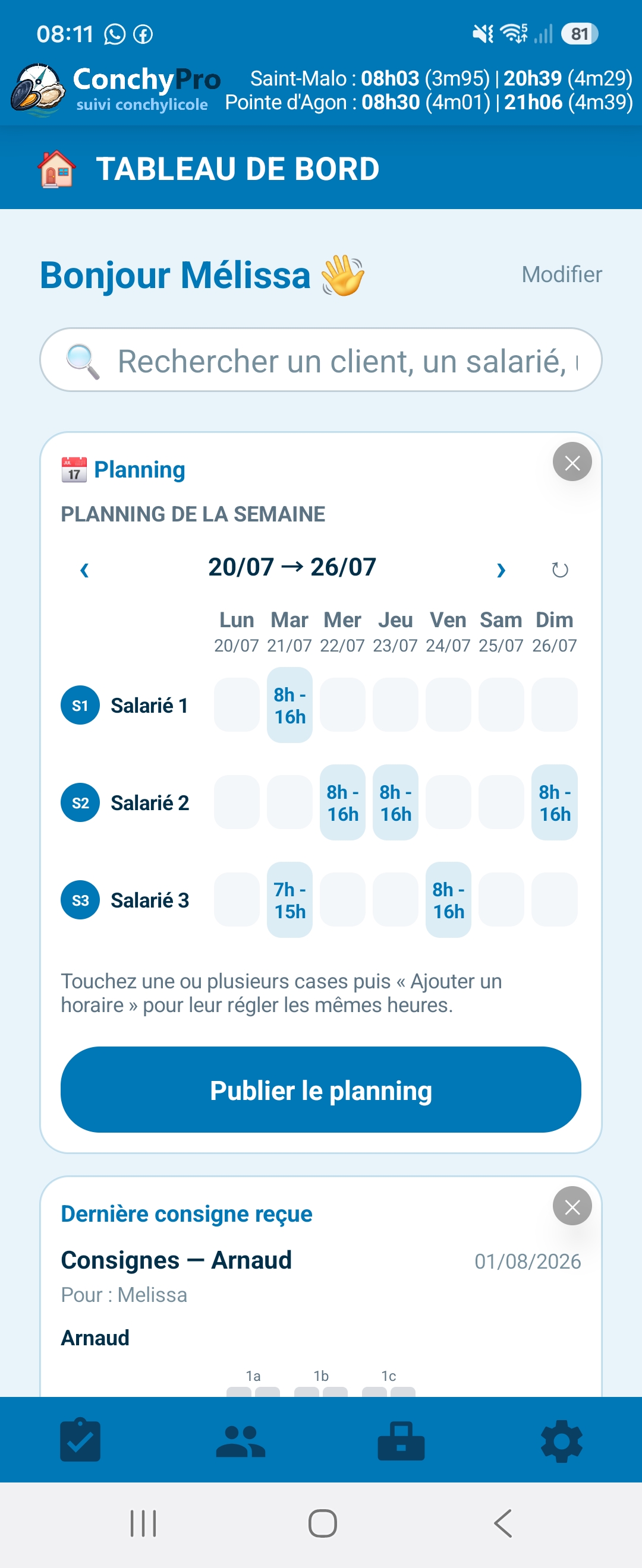 Tableau de bord du salarié avec son planning et la dernière consigne reçue