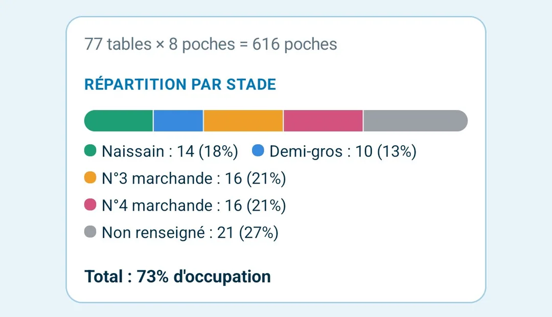 Répartition par stade d'un parc à huîtres et taux d'occupation total