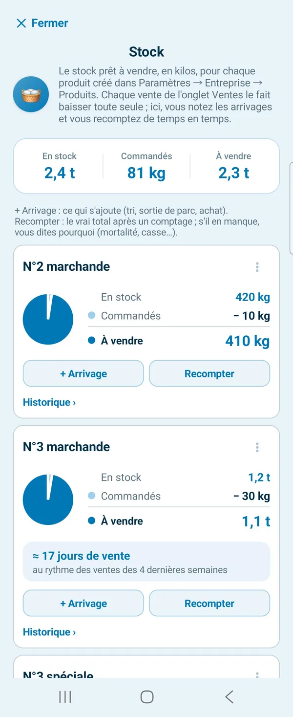 Stock des huîtres : en stock, commandé et à vendre, puis chaque produit avec son anneau commandé / à vendre, + Arrivage et Recompter