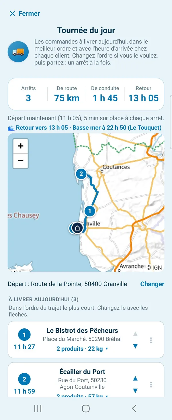 Tournée du jour : arrêts, kilomètres, conduite et heure de retour, la carte, puis chaque client avec son heure d'arrivée