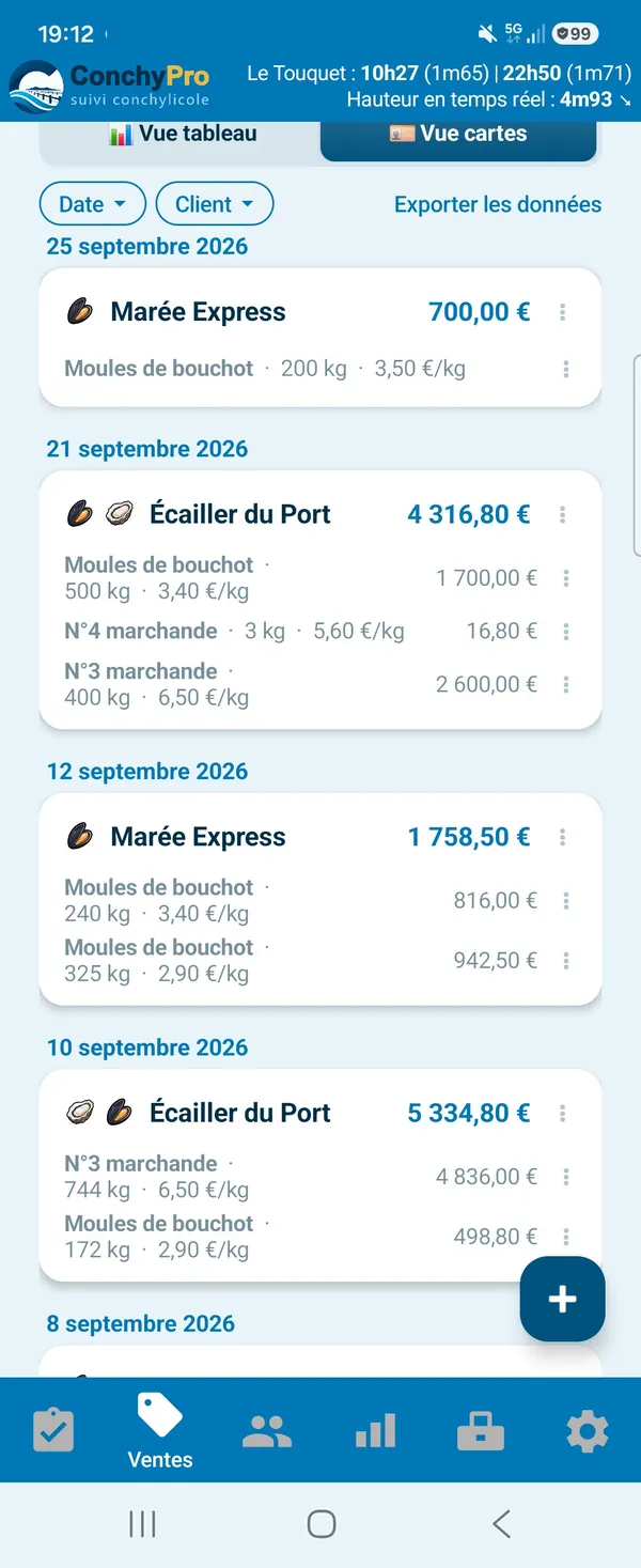 Journal des ventes : chaque vente de moules de bouchot au poids pesé, client par client