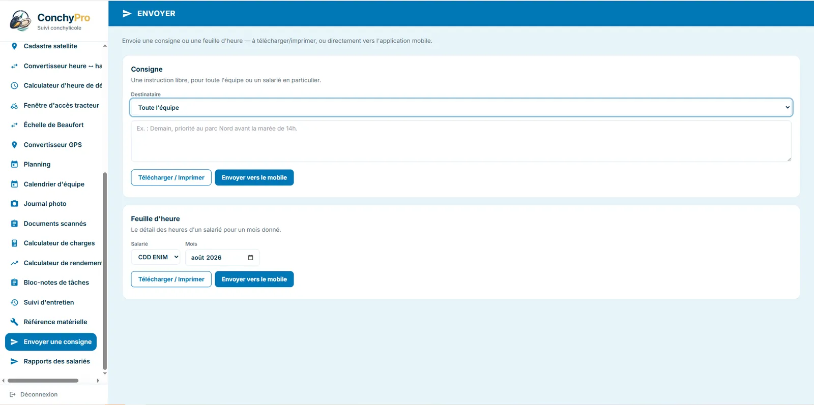 L'envoi de consignes depuis l'interface web de ConchyPro