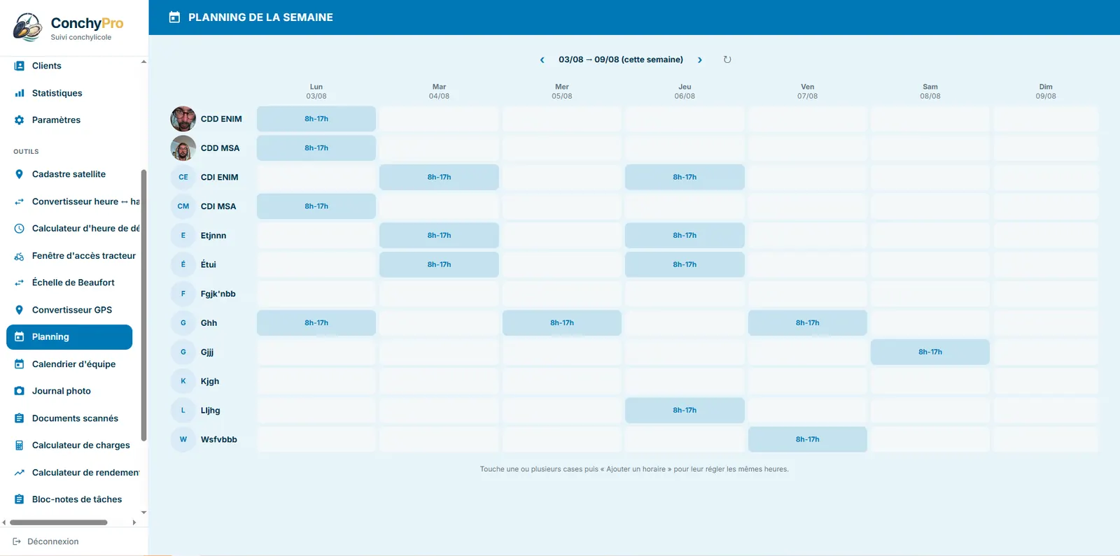 Le planning de la semaine dans l'interface web de ConchyPro